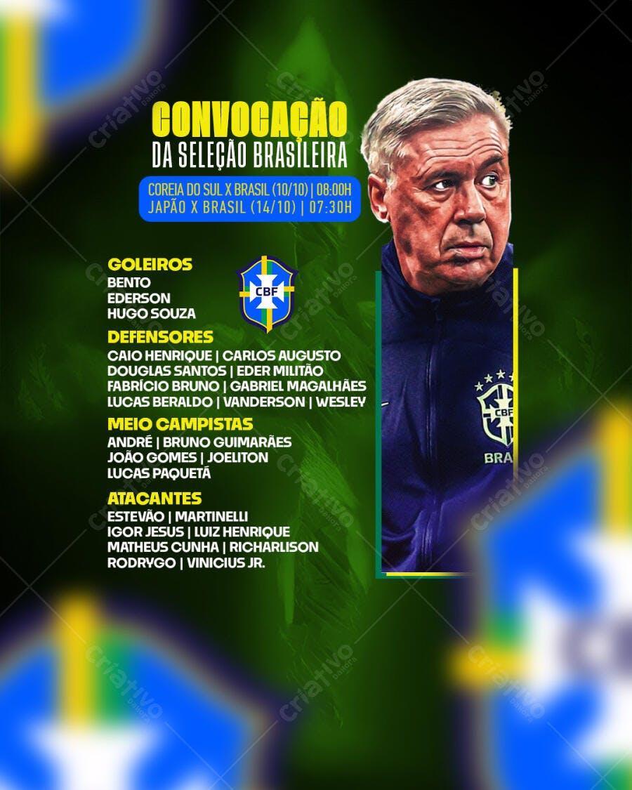 Flyer Convocação Seleção Brasileira Carlo Ancelotti Futebol PSD Editável