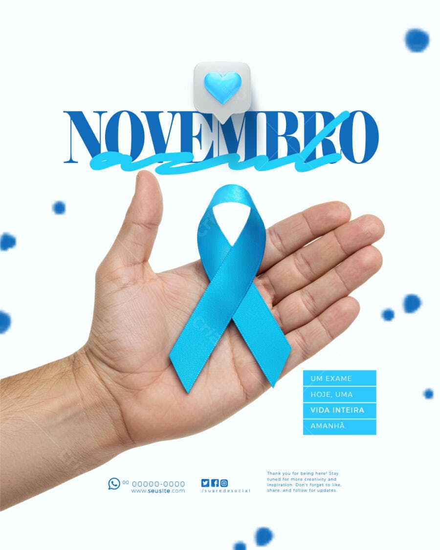 Flyer Novembro Azul Conscientização Mão Masculina e Laço Azul PSD Editável