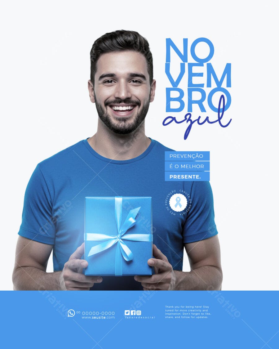 Flyer Novembro Azul Homem Sorrindo e Presente Azul Psd Editável