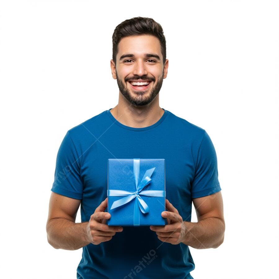 Homem caucasiano sorrindo segurando presente azul em fundo branco
