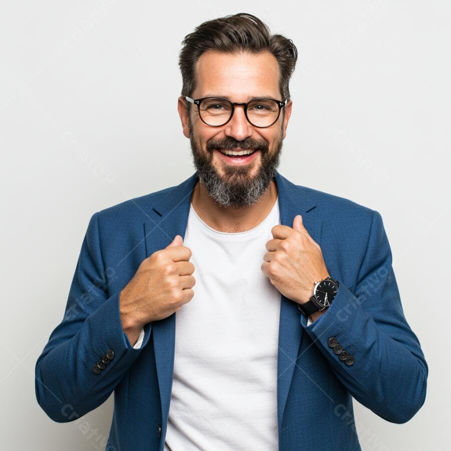 Homem barbudo de blazer azul e óculos sorrindo profissionalmente em fundo branco
