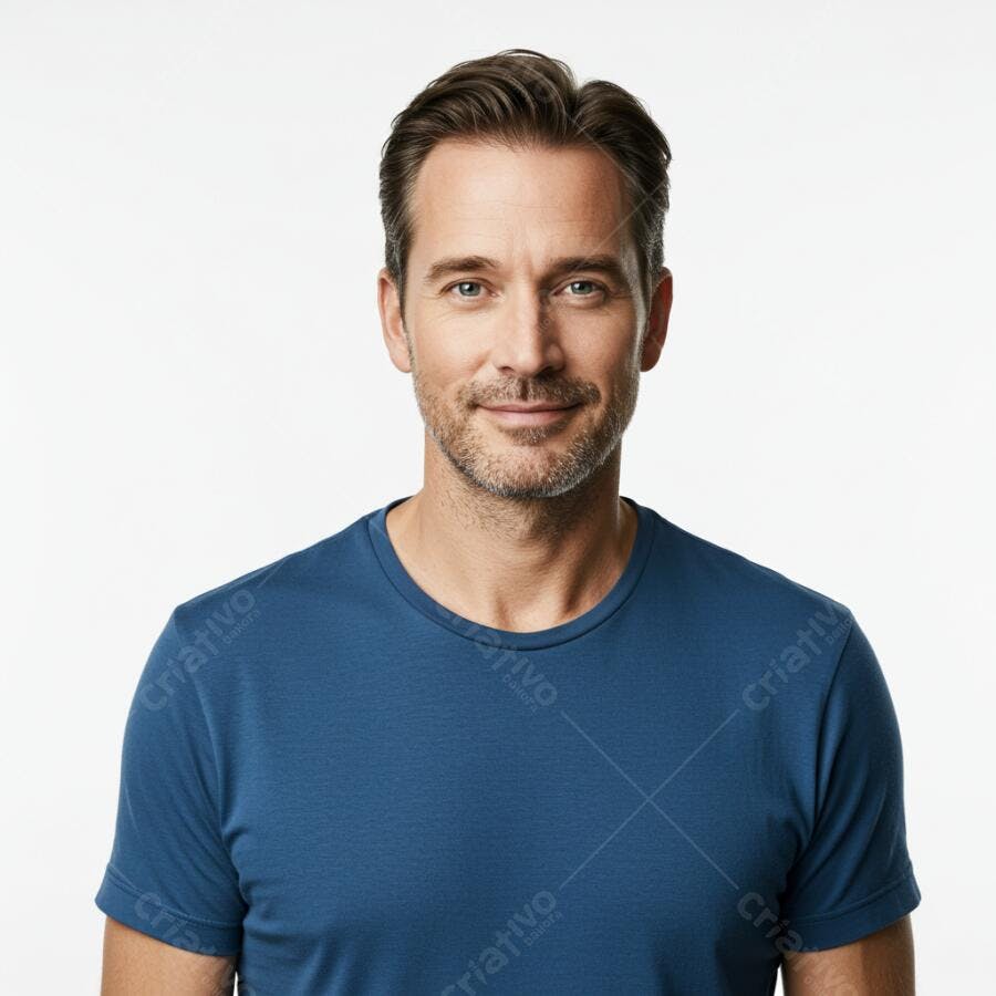 Homem caucasiano sorrindo com barba em camiseta azul casual