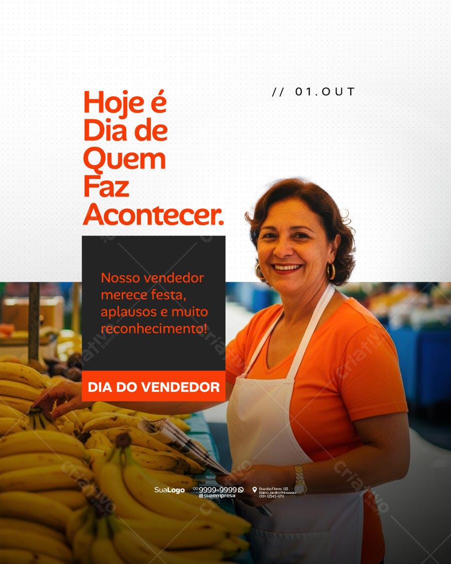 Flyer Dia do Vendedor Mulher Sorrindo e Bananas Psd Editável