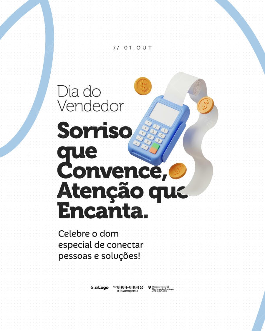 Flyer Dia do Vendedor com POS e Moedas Douradas PSD Editável