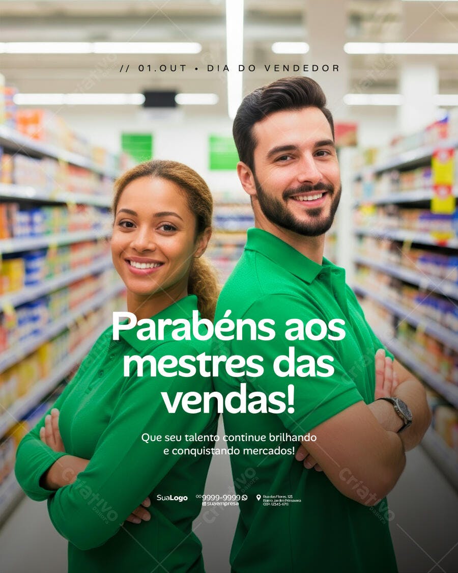 Flyer Dia do Vendedor com Profissionais Sorrindo em Supermercado PSD Editável