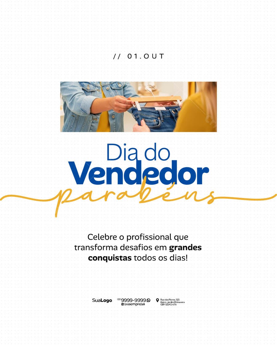 Flyer Dia do Vendedor Parabéns com Vendedora Varejo PSD Editável