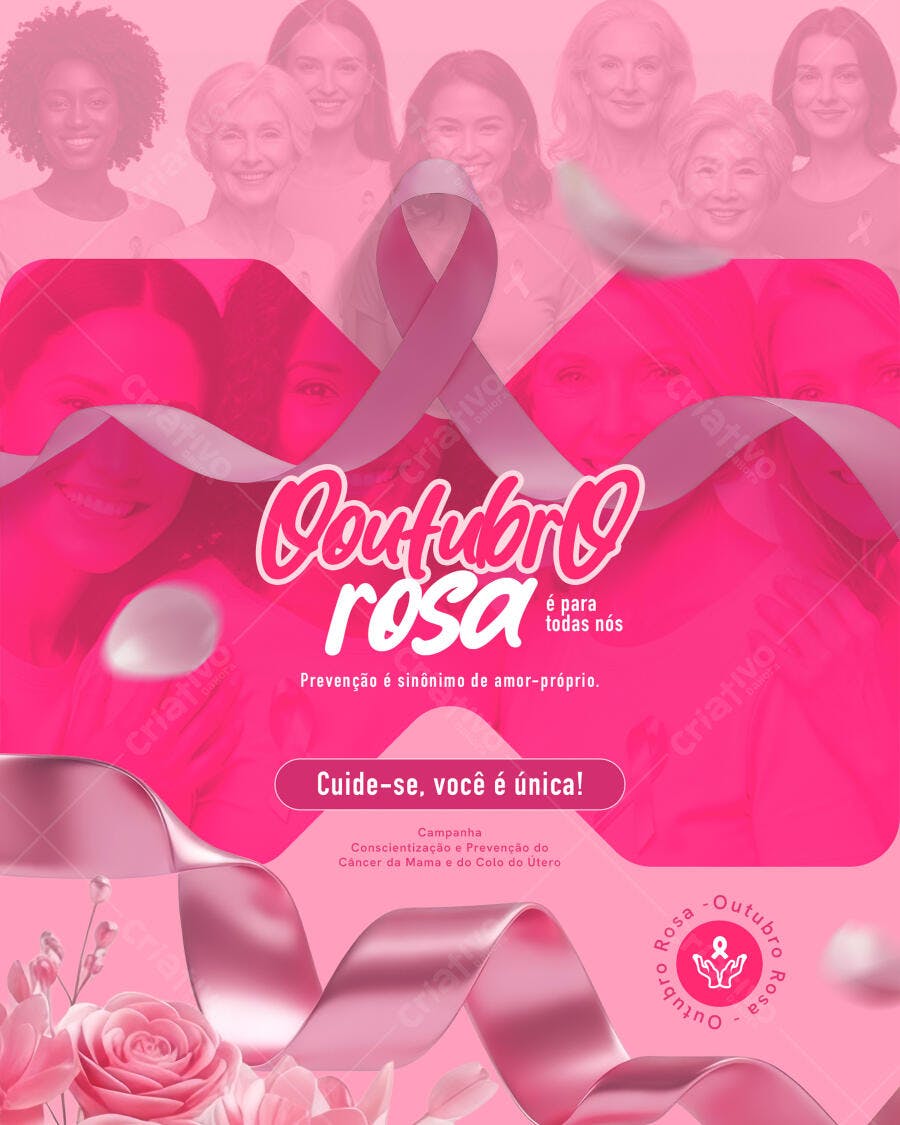 Flyer Outubro Rosa Prevenção Câncer com Mulheres Diversas PSD Editável