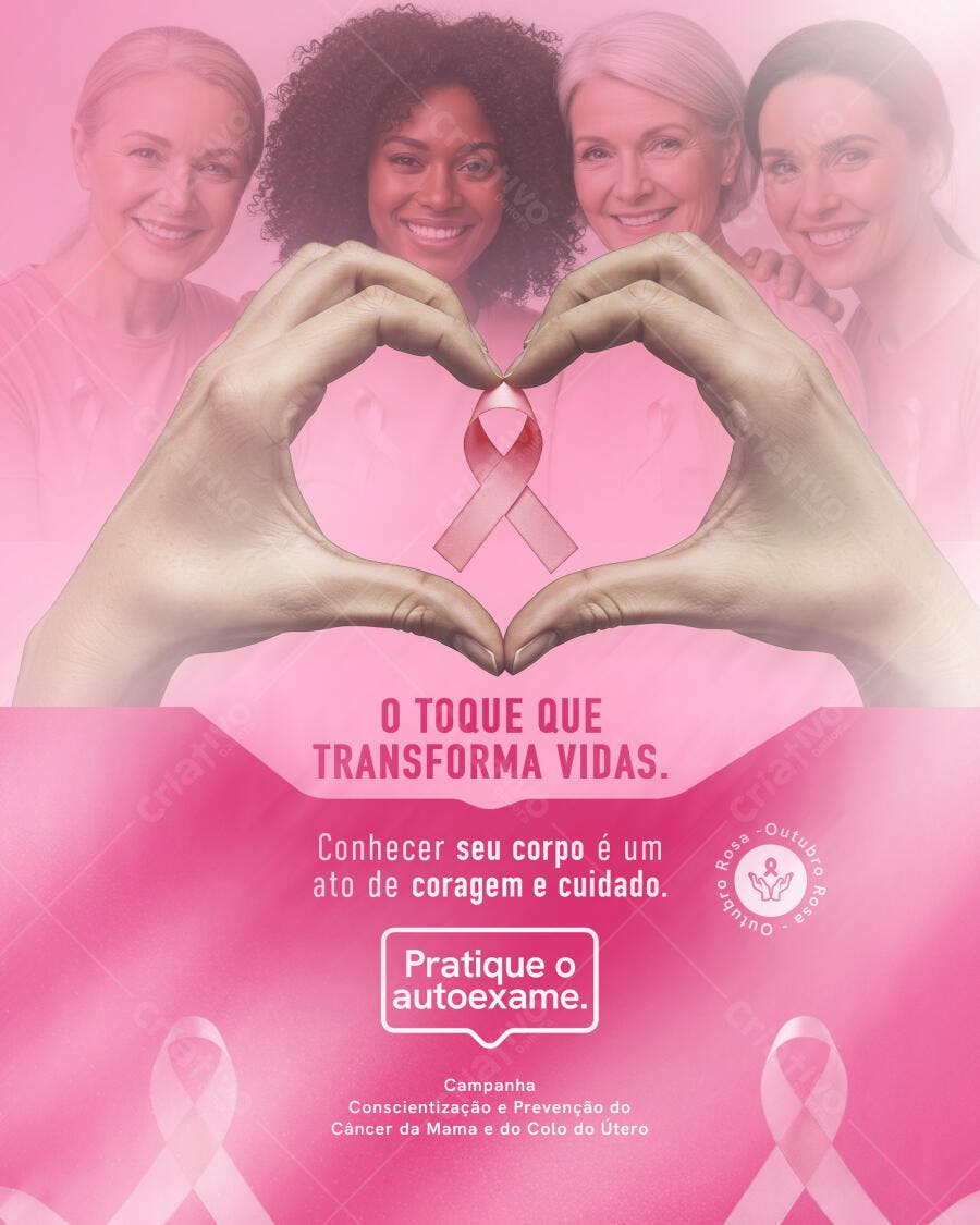 Flyer Outubro Rosa Prevenção Câncer Mama Autoexame Mulheres PSD Editável