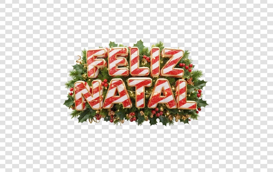 Elemento Gráfico Feliz Natal com letras de bengala doce e folhagens PNG com fundo transparente