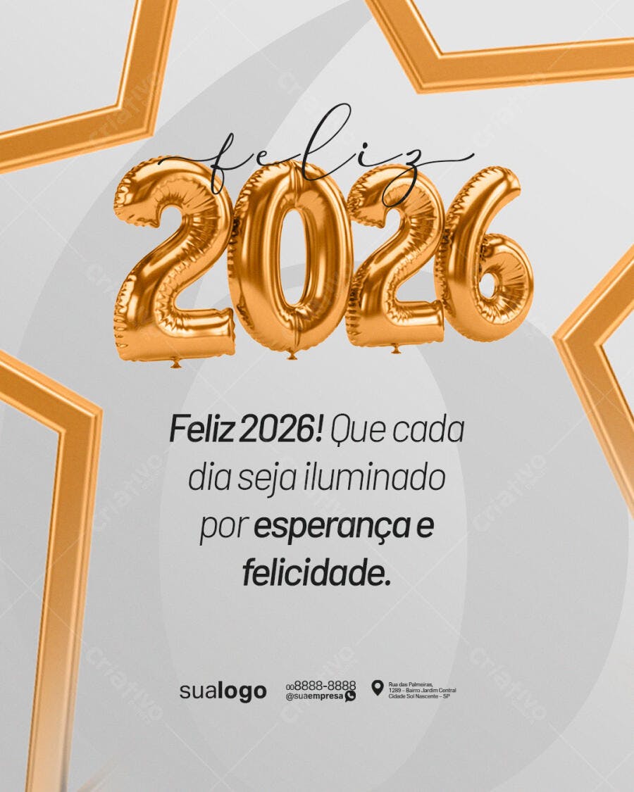 Post Redes Sociais para Ano Novo 2026 Dourado PSD Editável