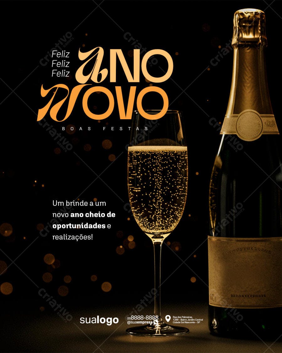Flyer Ano Novo Celebração Dourada Champanhe PSD Editável