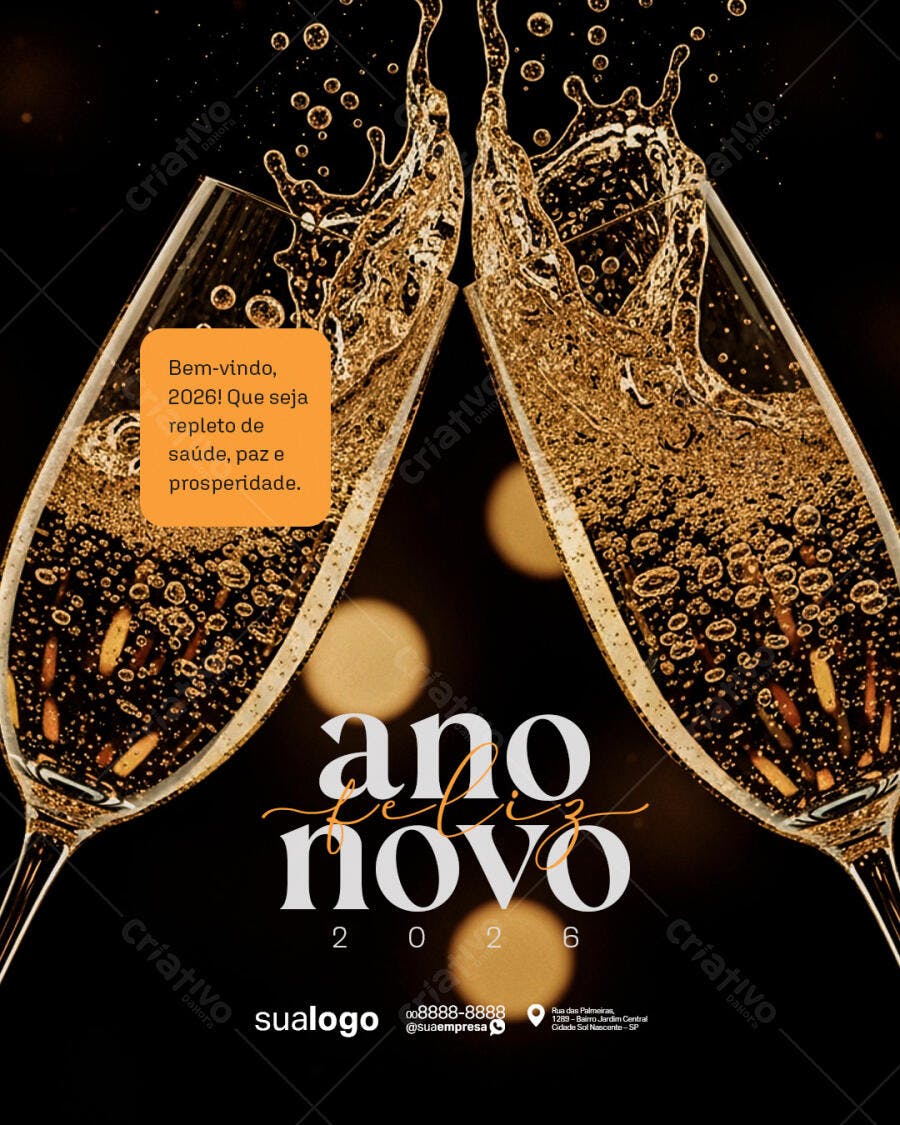 Flyer Ano Novo 2026 com Taças de Champanhe Douradas PSD Editável