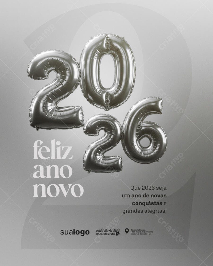 Post Redes Sociais Ano Novo 2026 Balões Prata PSD Editável