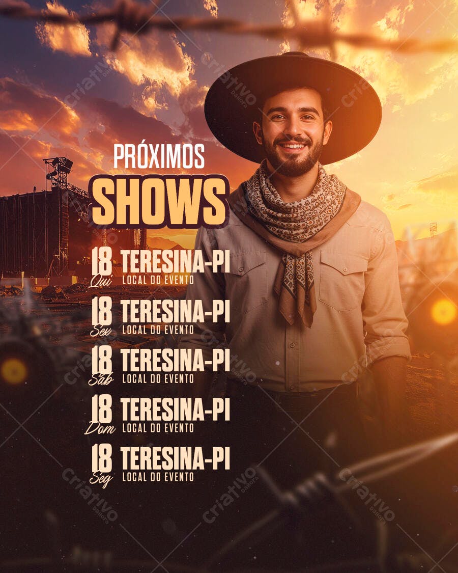 Flyer de Shows Sertanejos com Cowboy no Pôr do Sol PSD Editável