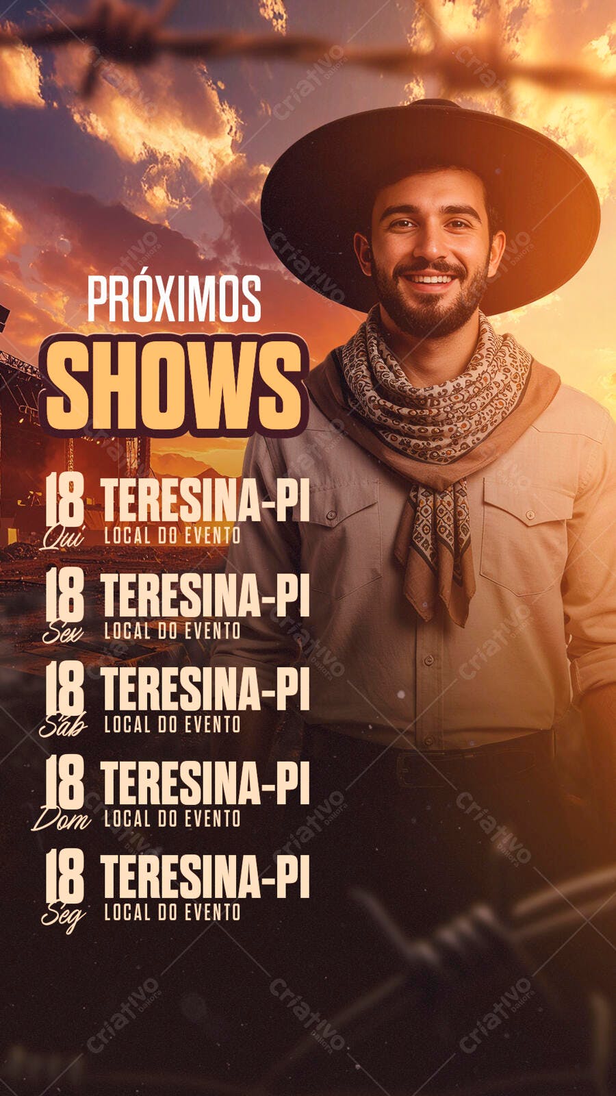 Flyer Próximos Shows Country com Artista Sorrindo PSD Editável