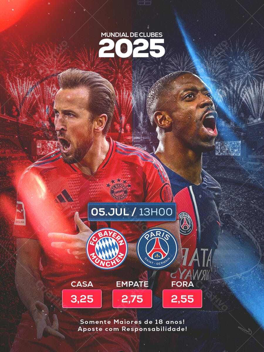 Flyer Esportivo para Mundial de Clubes 2025 Bayern PSG Harry Kane Dembélé PSD Editável