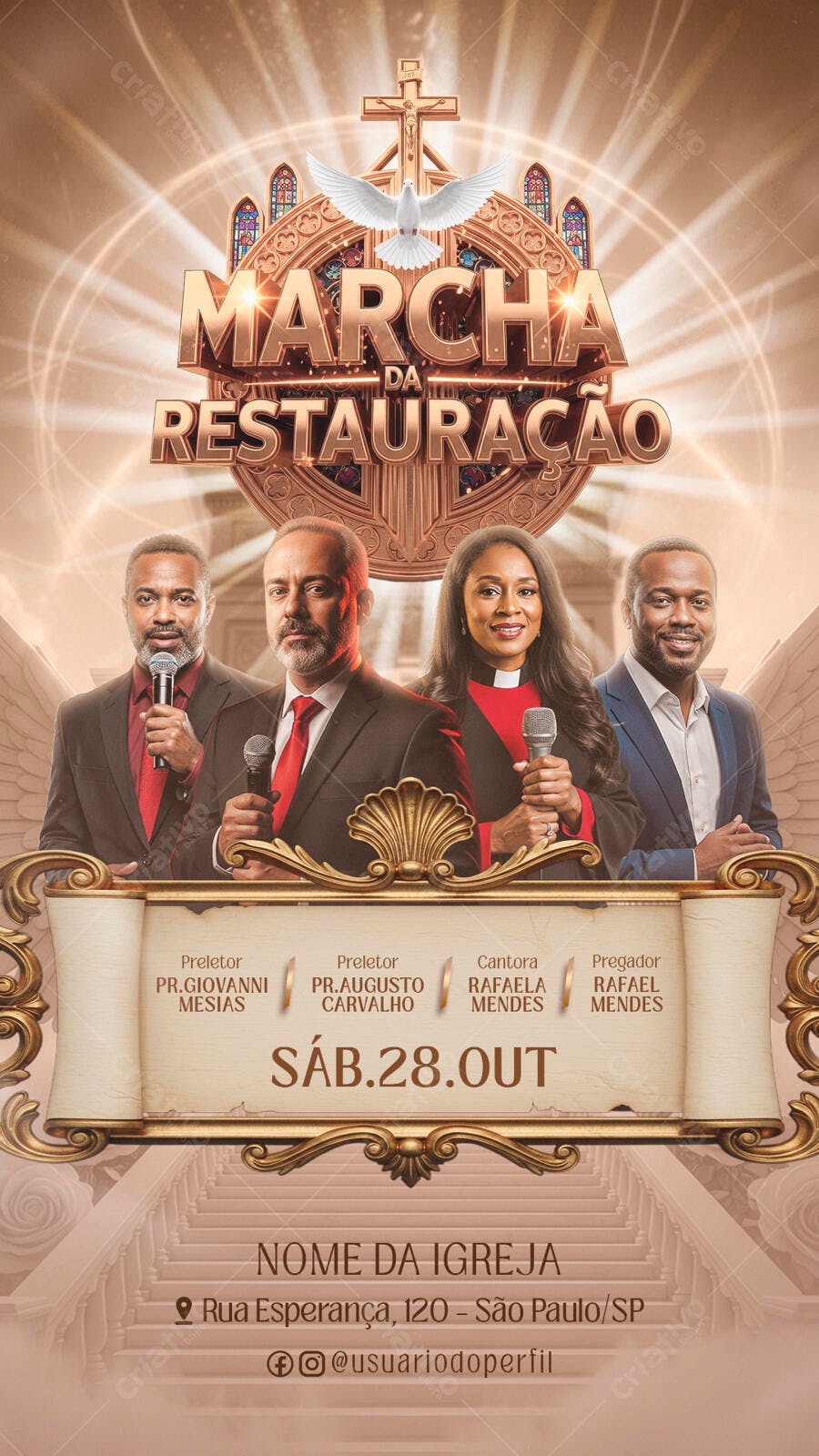 Flyer para Marcha da Restauração Evento Religioso Dourado com Cruz PSD Editável