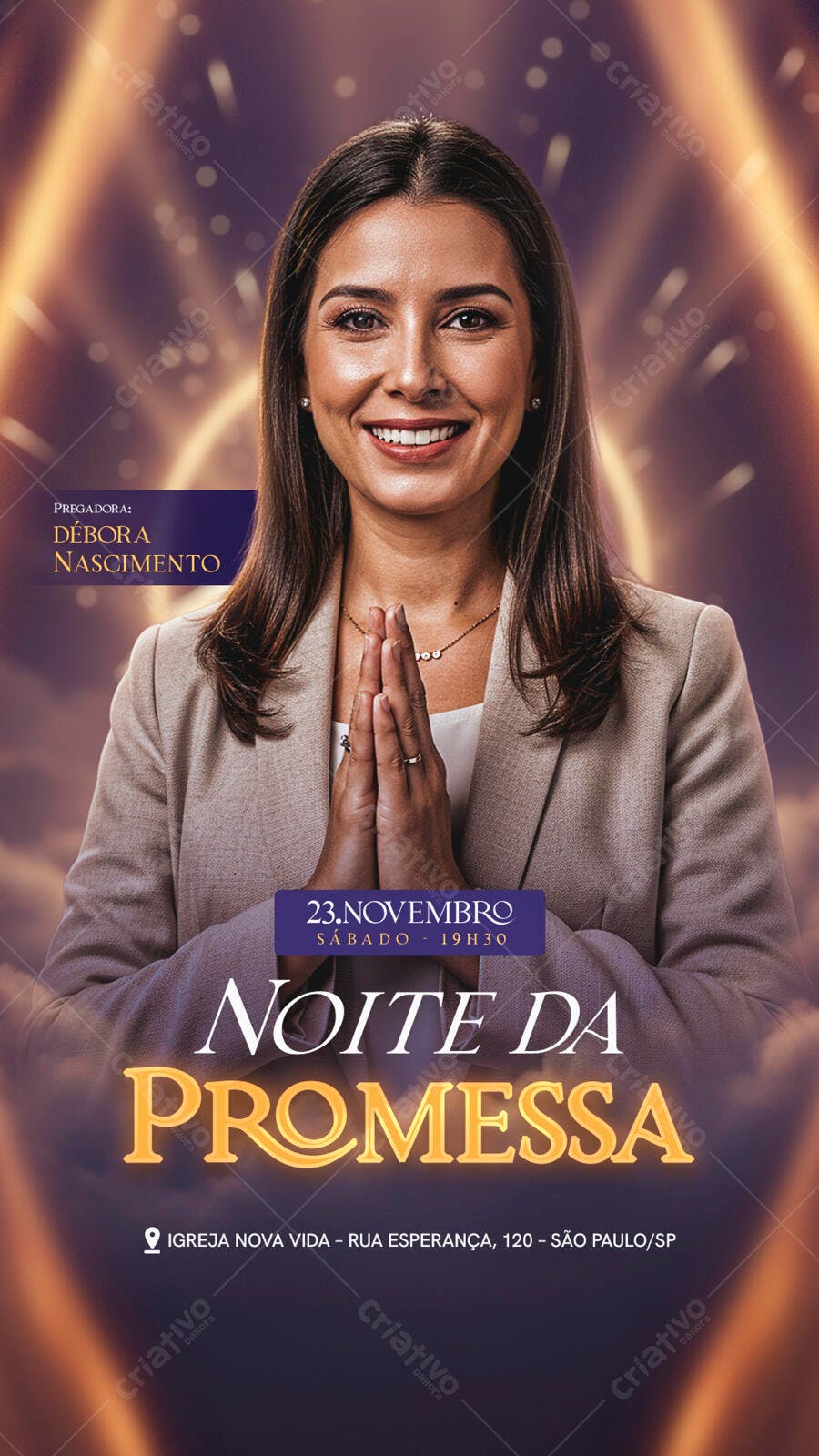 Flyer Noite da Promessa com Pregadora Débora Nascimento PSD Editável