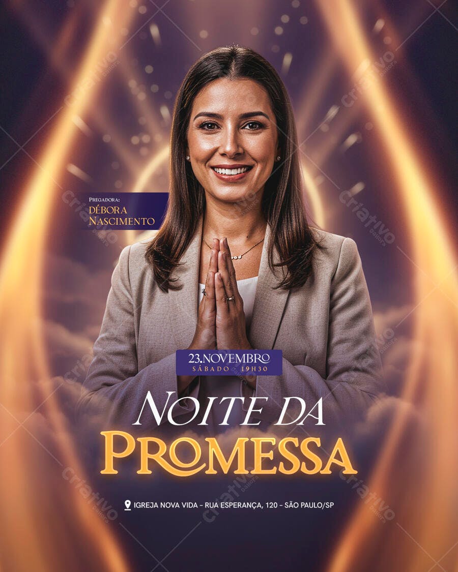 Flyer Religioso Noite da Promessa com Pregadora Débora Nascimento PSD Editável
