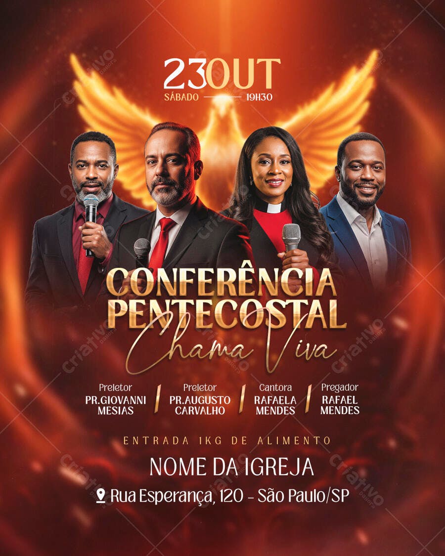 Flyer Conferência Pentecostal Chama Viva com Pregadores e Cantora PSD Editável