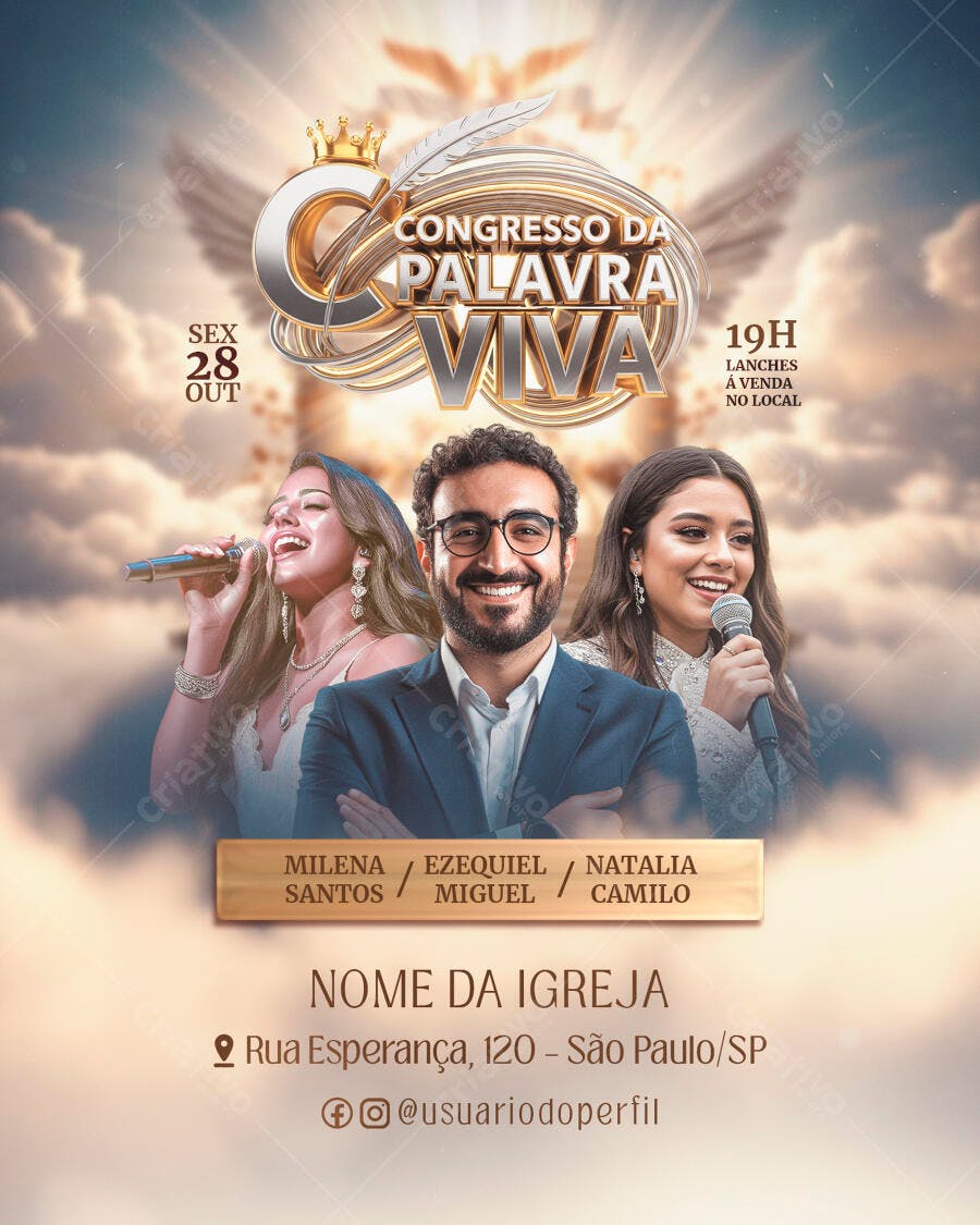 Flyer Congresso da Palavra Viva Cristão com Cantores e Pregador PSD Editável