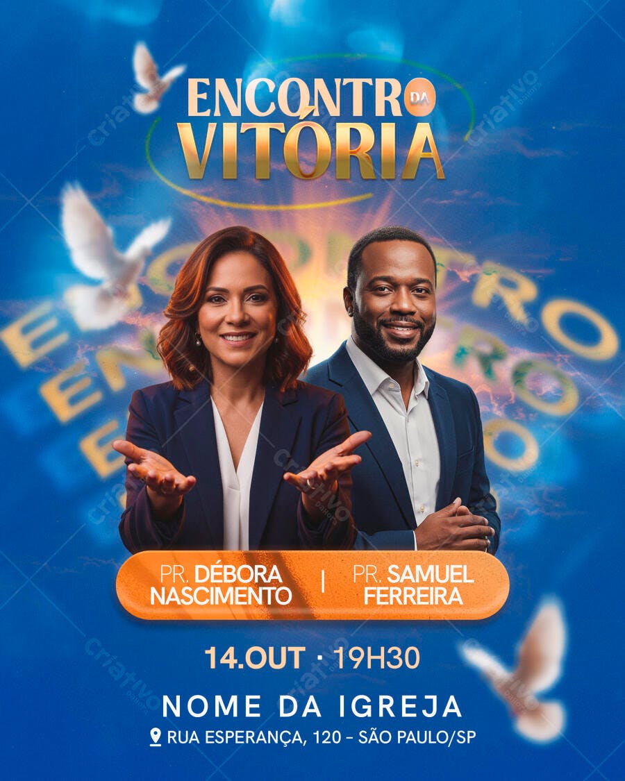 Flyer Religioso Azul Encontro da Vitória com Pastores PSD Editável