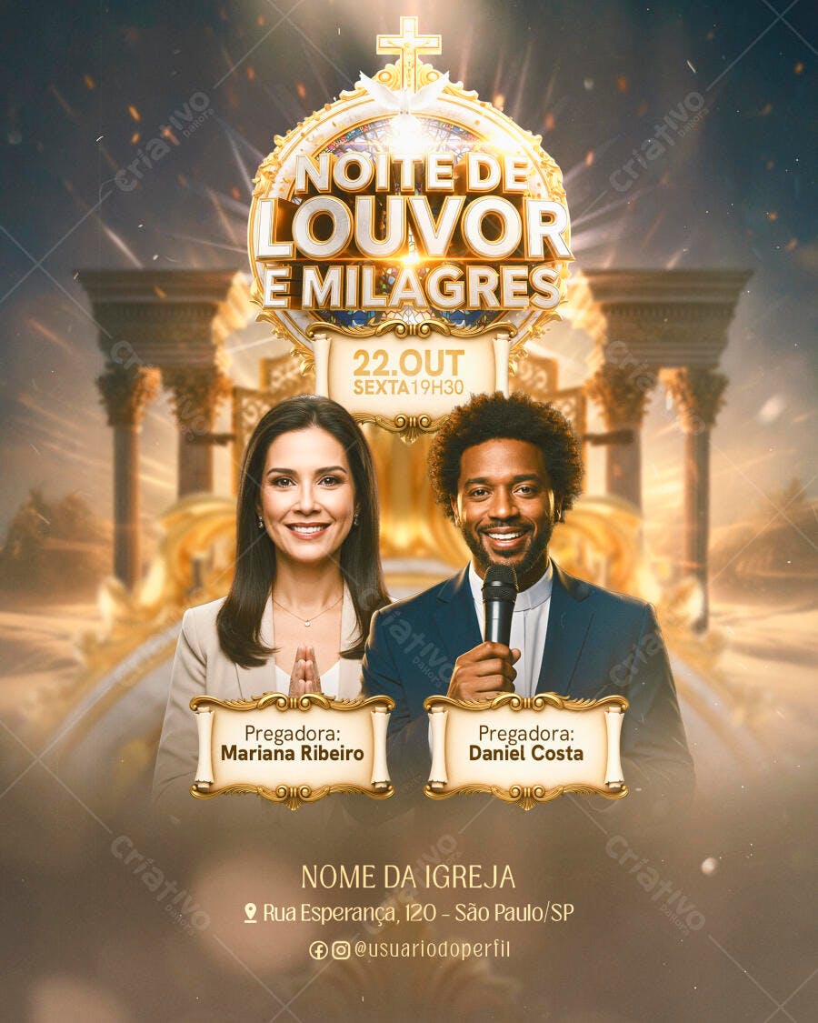 Flyer Dourado Evento Cristão Noite de Louvor e Milagres PSD Editável