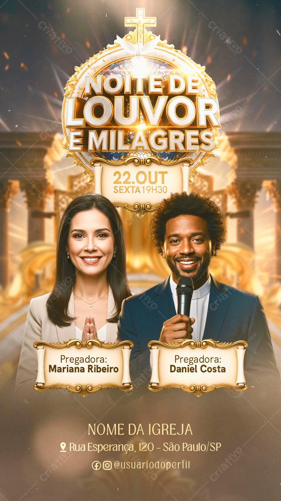 Flyer Vertical Noite de Louvor e Milagres PSD Editável