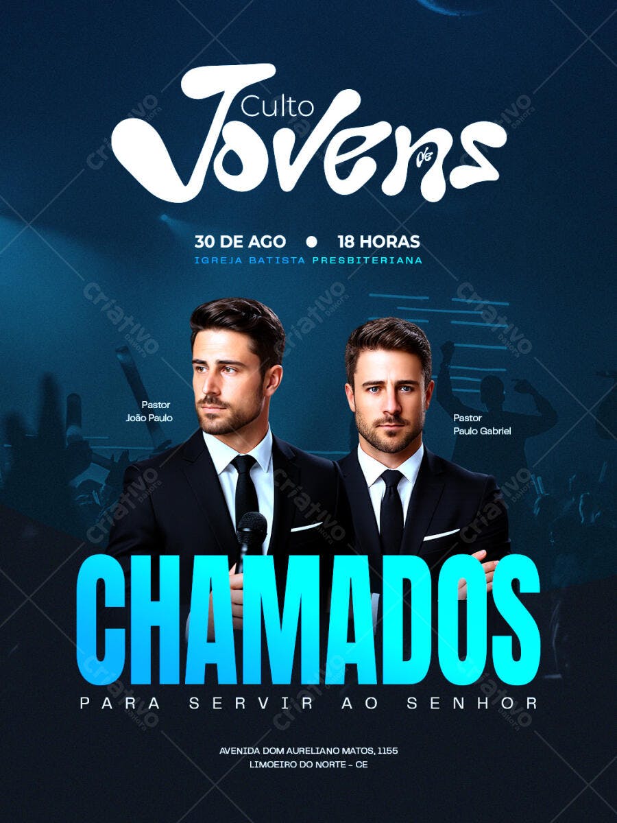 Flyer Culto Jovens Chamados para Servir ao Senhor PSD Editável