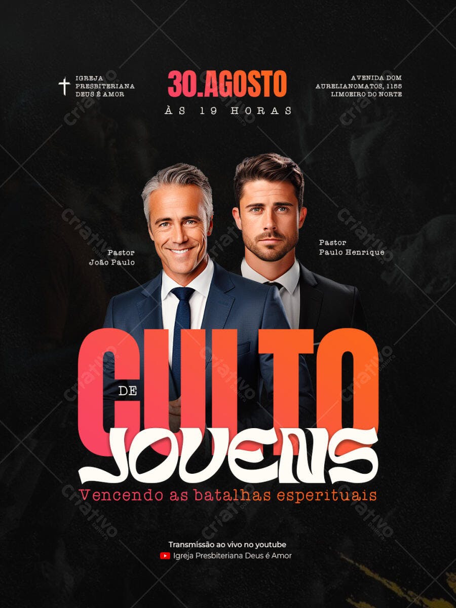 Flyer Culto de Jovens com Pastores João Paulo e Paulo Henrique PSD Editável