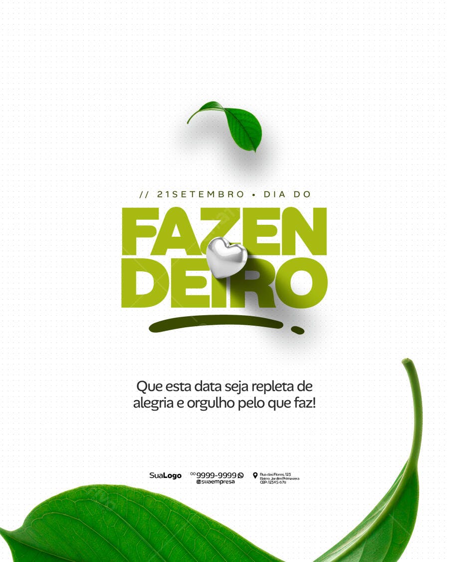 Flyer para Dia do Fazendeiro com Folhas Verdes e Coração Prata PSD Editável