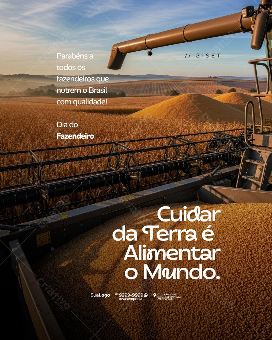 Flyer Dia do Fazendeiro com Colheitadeira em Campo Dourado PSD Editável