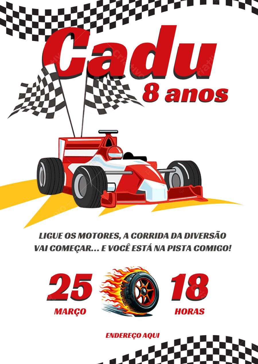 Convite de aniversário infantil corrida Fórmula 1 carro vermelho e bandeiras Editável no Canva