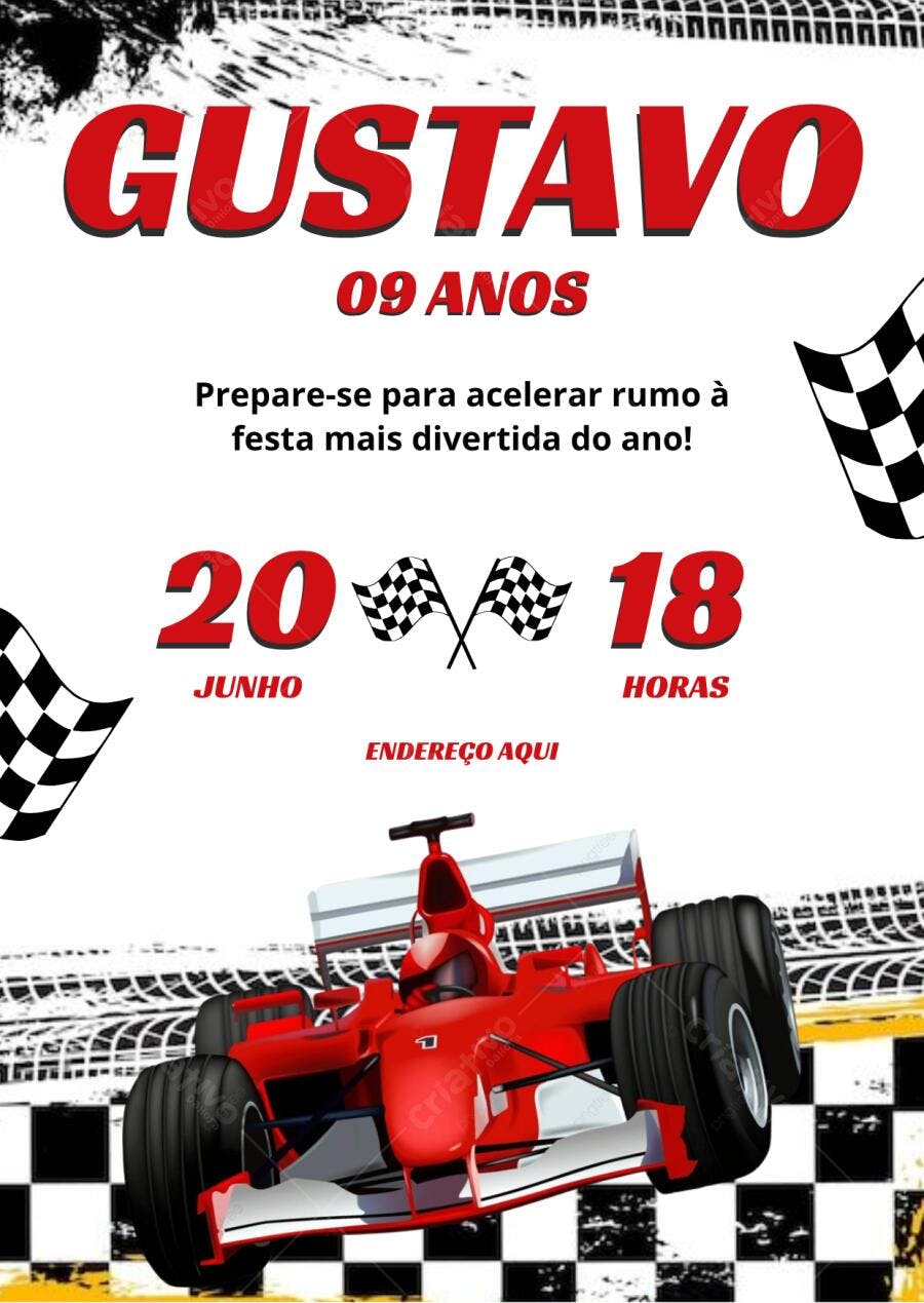 Convite de aniversário infantil corrida Fórmula 1 carro vermelho e bandeiras Editável no Canva
