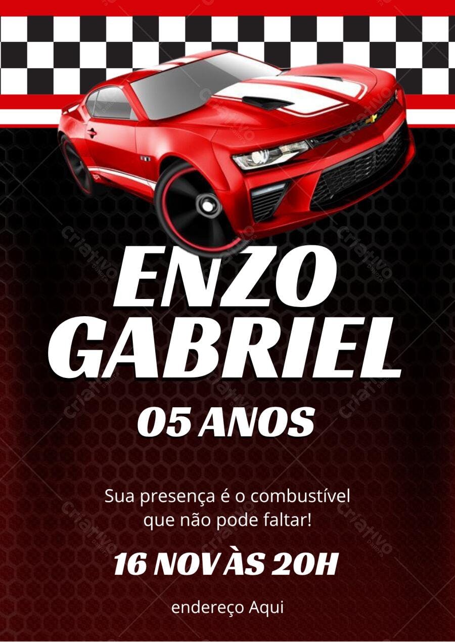 Convite de aniversário infantil carro de corrida vermelho e preto Editável no Canva