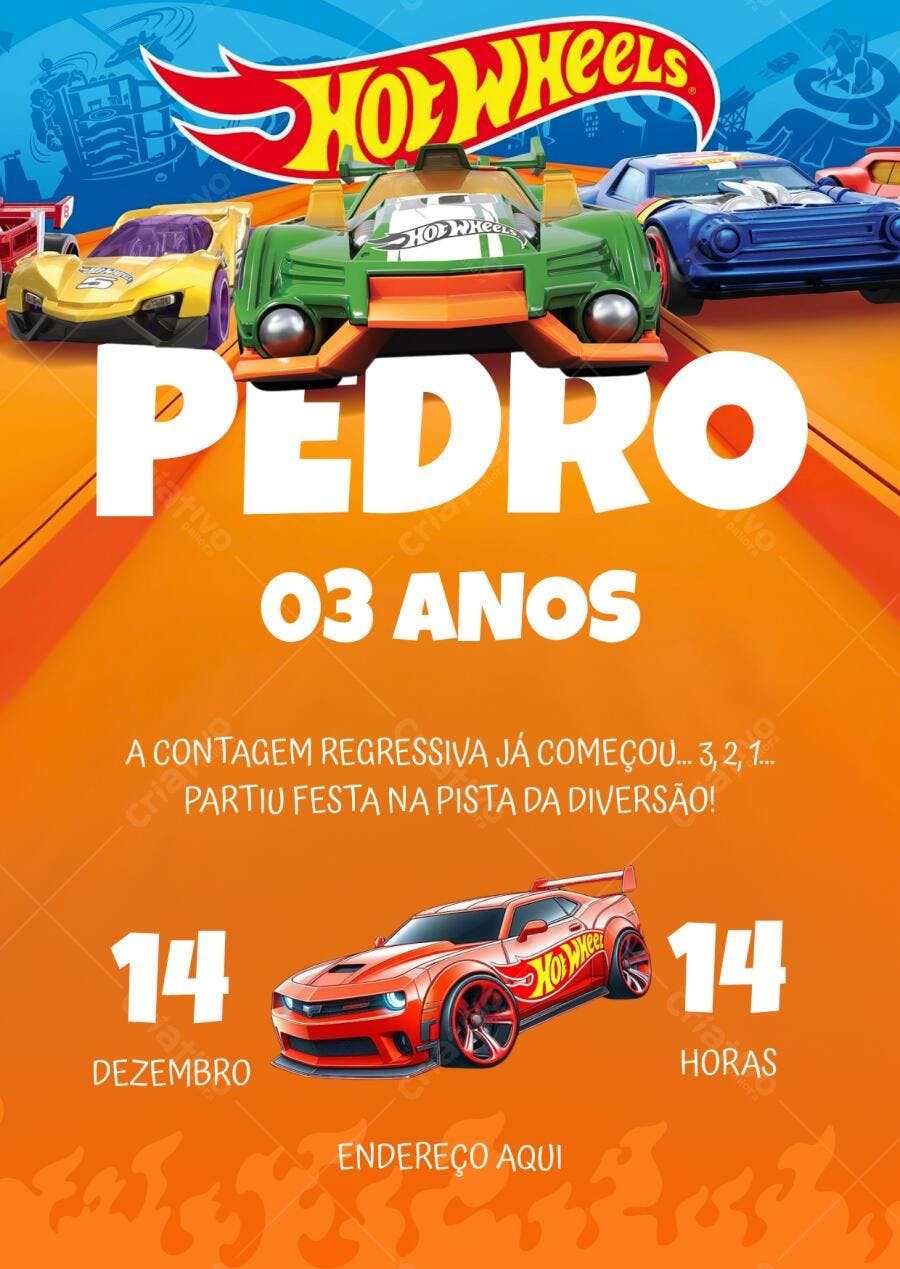 Convite de aniversário infantil Hot Wheels carros de corrida azul e laranja Editável no Canva