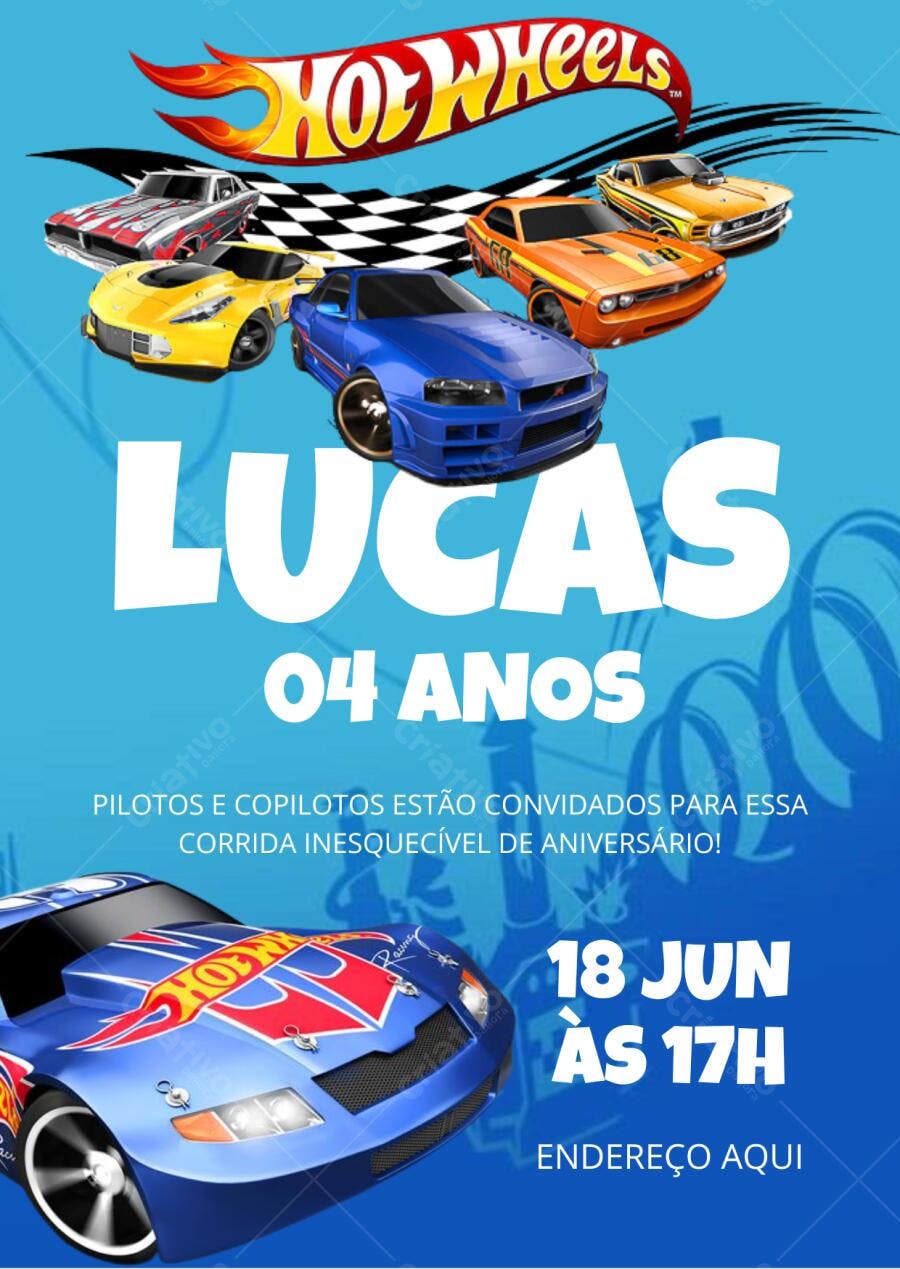 Convite aniversário infantil Hot Wheels carros azuis amarelos corrida Editável no Canva