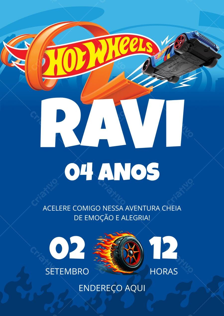 Convite de aniversário infantil Hot Wheels com pista laranja e carro azul Editável no Canva