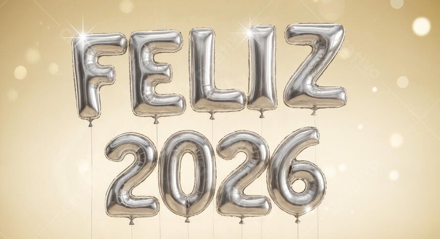 Balões prateados FELIZ 2026 flutuando em fundo dourado festivo