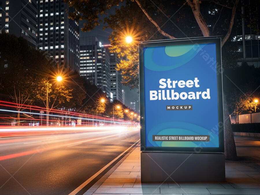 Mockup Realista Outdoor Digital Urbano Noturno com Rastros de Luzes de Veículos