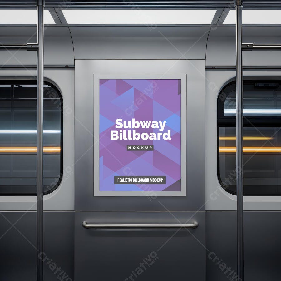 Mockup Outdoor Interno de Metrô Realista com Anúncio Roxo e Cinza Moderno
