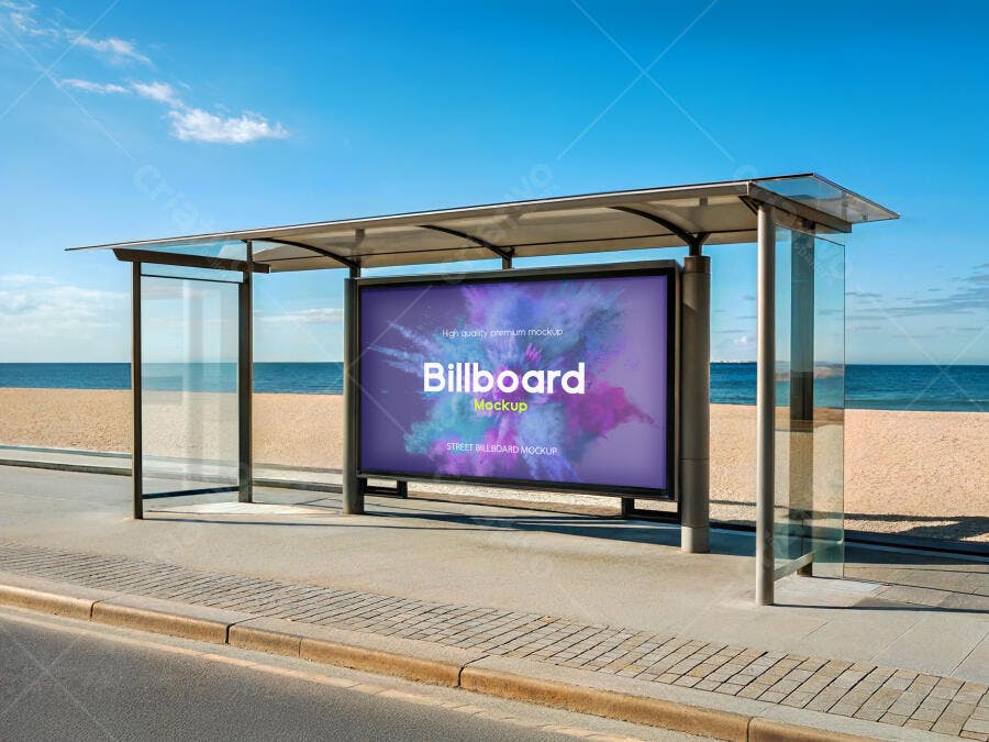 Mockup Realista de Painel Publicitário em Ponto de Ônibus na Praia Ensolarada