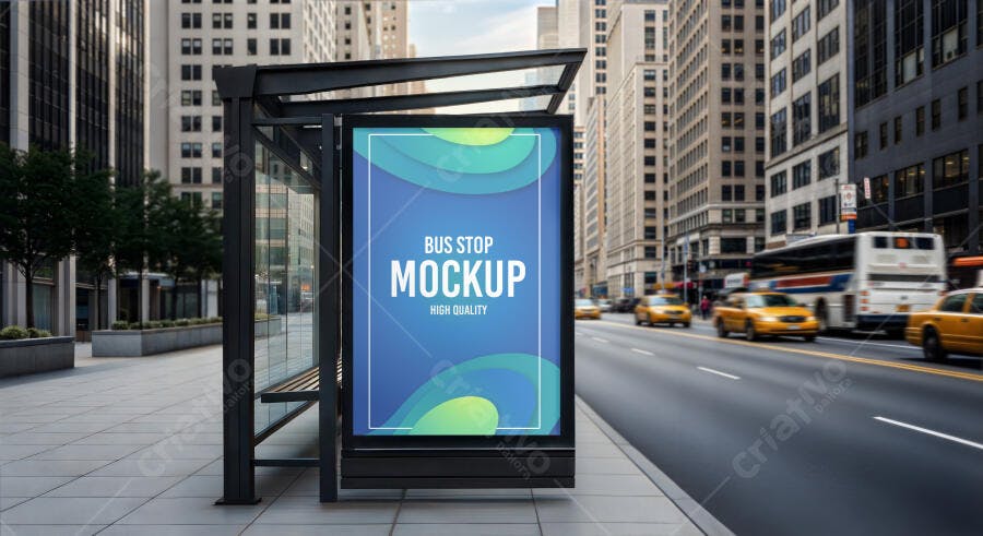 Mockup de Outdoor em Ponto de Ônibus Urbano Realista com Prédios e Tráfego