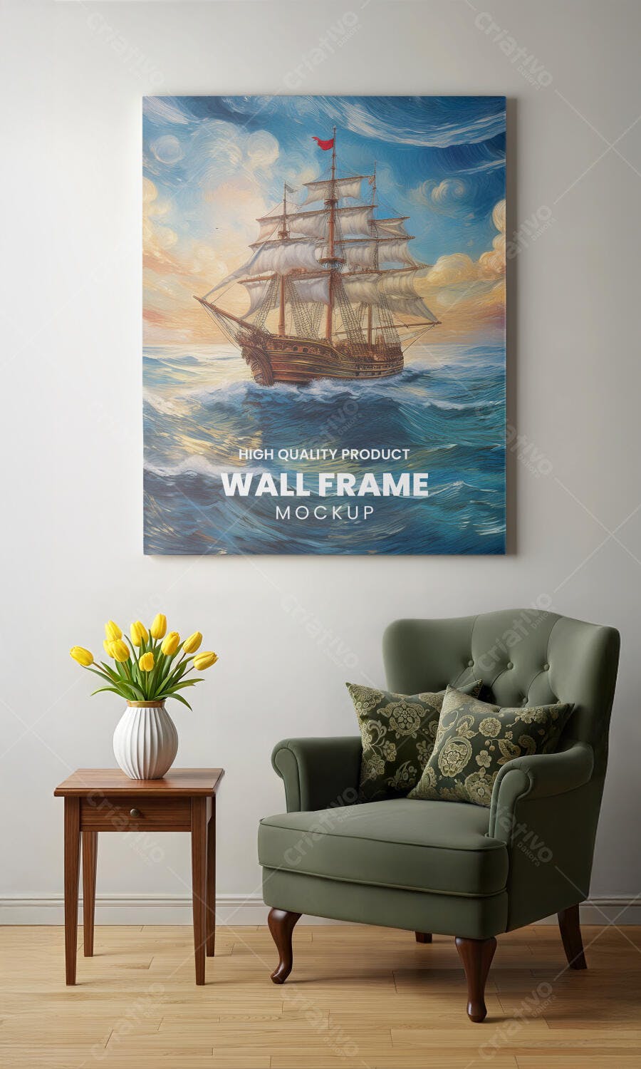 Mockup Realista de Quadro na Parede com Poltrona Verde e Tulipas Amarelas