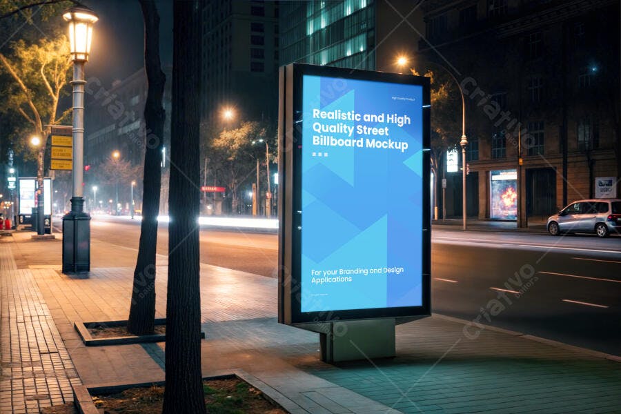 Mockup Painel Digital Urbano Noturno Realista na Rua da Cidade Azul e Preto
