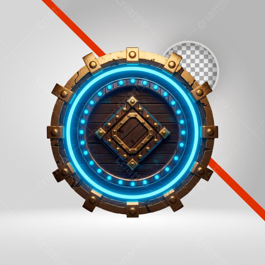 Emblema metálico de jogo RPG com luz neon azul PNG com fundo transparente