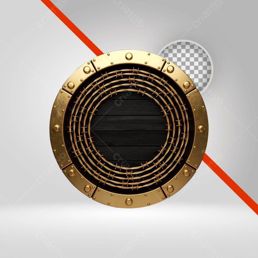 Selo dourado com arame farpado e madeira escura PNG com fundo transparente