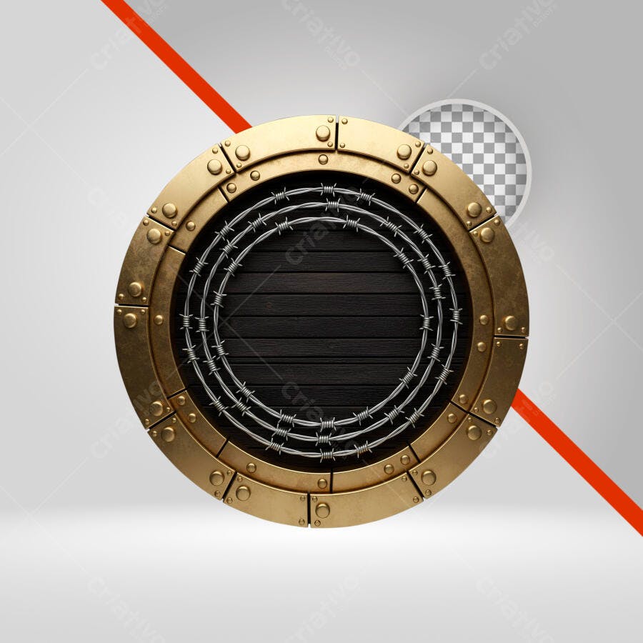 Selo metálico dourado com arame farpado e madeira escura PNG com fundo transparente