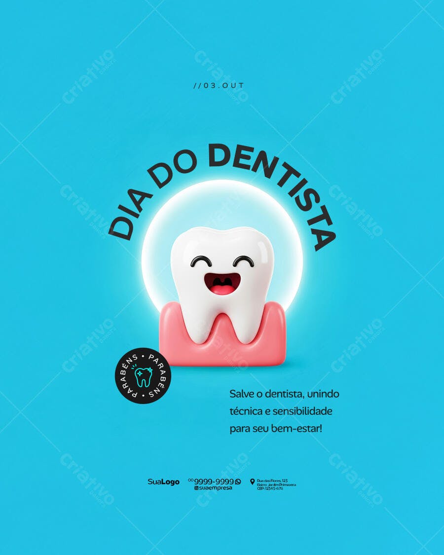 Flyer Dia do Dentista com Dente Feliz 03 Outubro PSD Editável