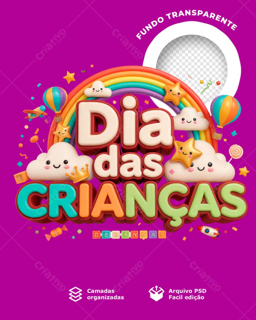 Flyer Dia das Crianças 3D com Arco-Íris Nuvens Balões PSD Editável